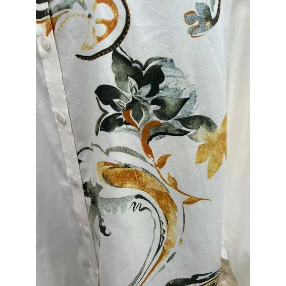 Chico's Size 3 US 16 White Watercolor Floral Button Down Shirt Artsy Boho Top